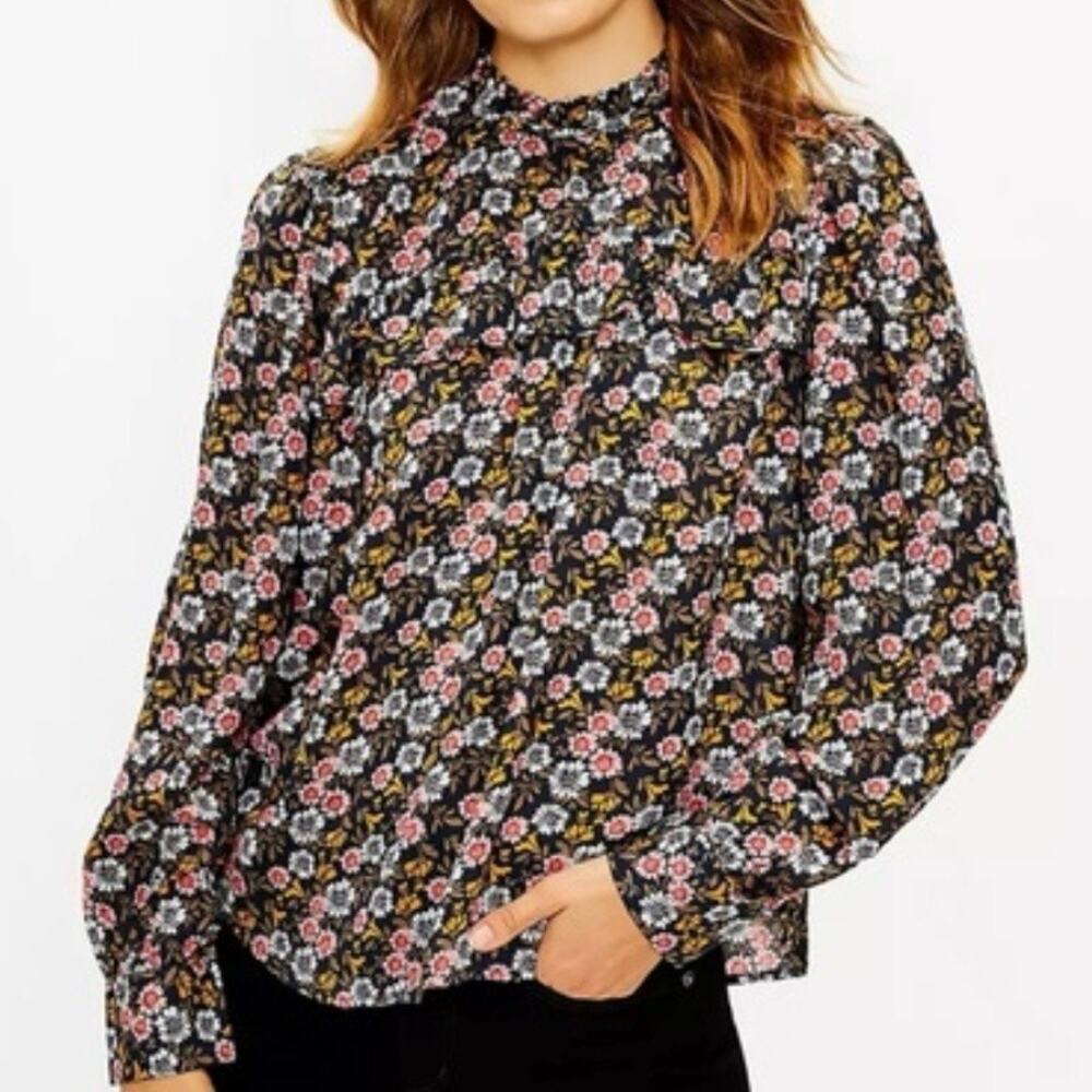 LOFT | Floral Ruffle Blouse Pink Black Preppy Boho Flower High-neck | Size XL